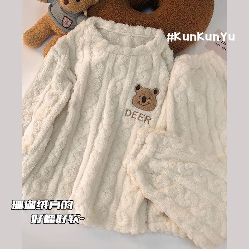 新款珊瑚絨睡衣女秋冬季圓領加厚小熊學生法蘭絨可外穿家居服套裝