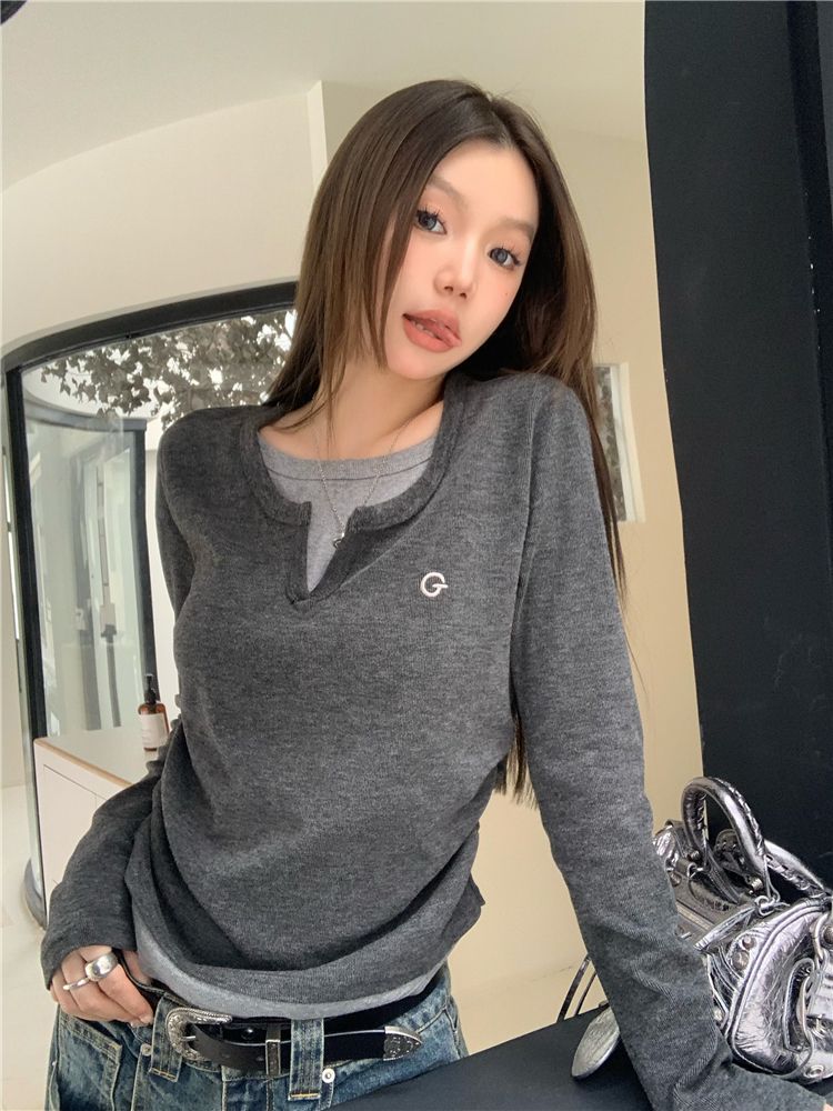甜欲學姐~假兩件設計百搭長袖T恤秋冬內搭修身顯瘦洋氣打底上衣潮