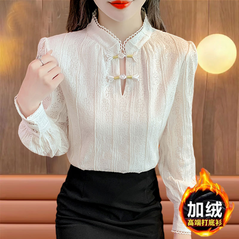 高檔品質復古盤扣蕾絲打底襯衫秋冬新款寬鬆洋氣小衫新中式女上衣