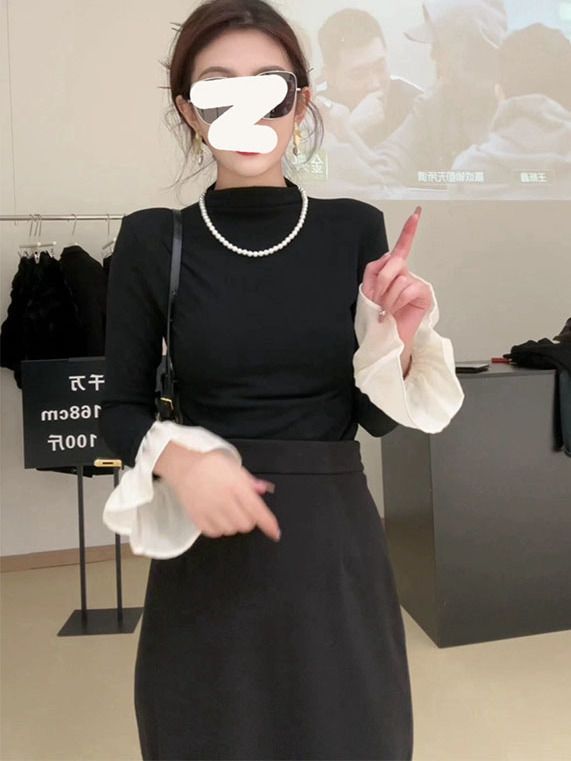 簡約休閒半高領拼接長袖打底T恤女秋冬氣質修身顯瘦上衣