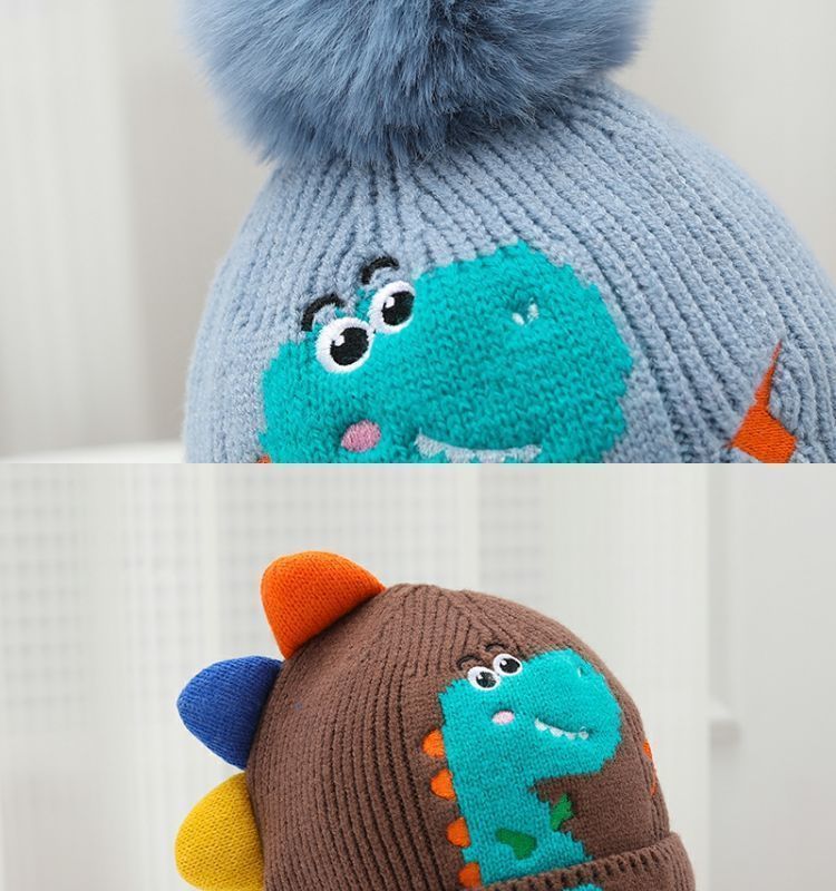Little dinosaur cartoon windproof winter ear hat for boys and girls, autumn and winter new children's knitted thermal hat_voghion.com