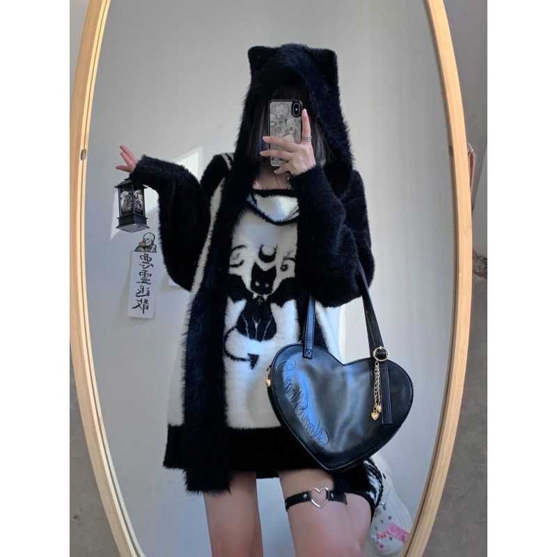 惡魔貓貓領 咪小瓜原創毛茸茸黑白仿貂毛毛衣女可愛保暖上衣