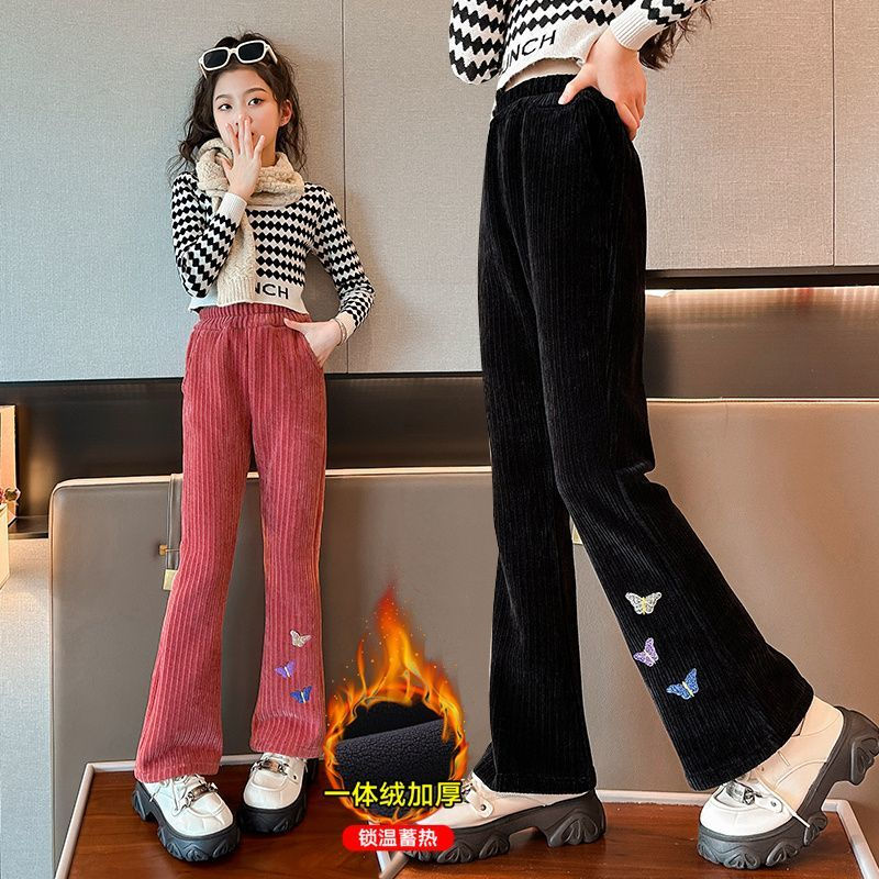 女童喇叭褲秋冬款外穿中大童冬季一體絨加厚時髦學生百搭兒童褲子