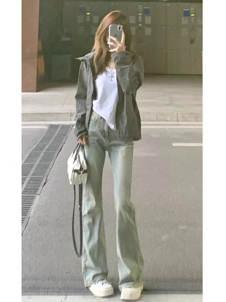 淺色微喇牛仔褲女2023冬季新款高腰彈力緊身顯瘦百搭直筒喇叭褲子