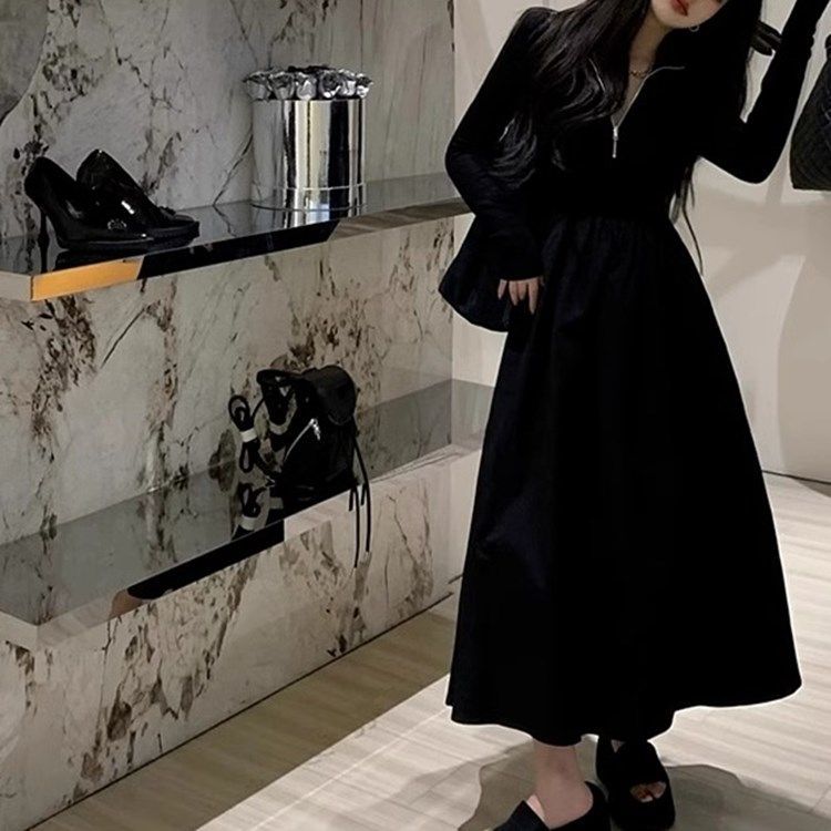 Plus size Hepburn style black slim long-sleeved dress for women spring and autumn new slim waist half-high collar long skirt