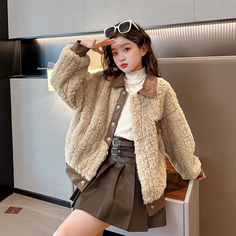 Girls' Autumn Jackets Autumn and Winter Big Children's Winter Cotton Clothes Lamb's Velvet 2023 New Children's Clothes Thickened Wool Sweaters