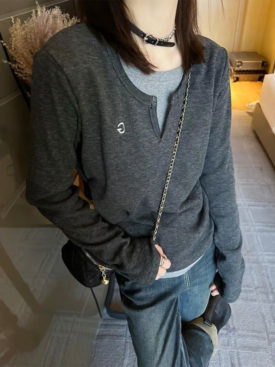 假兩件套百搭打底衫女秋冬字母刺繡長袖t恤洋氣內搭修身復古上衣