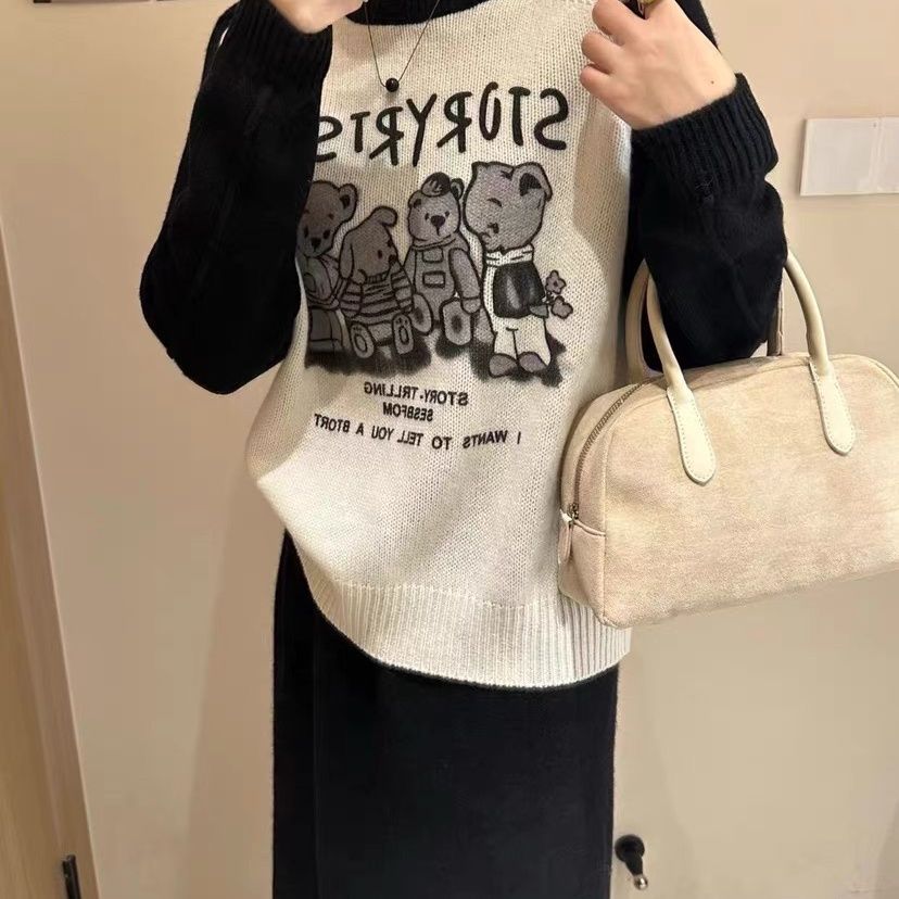 歐貨23秋冬圓領卡通套頭針織羊毛衫女撞色插肩袖針織衫潮衛衣女