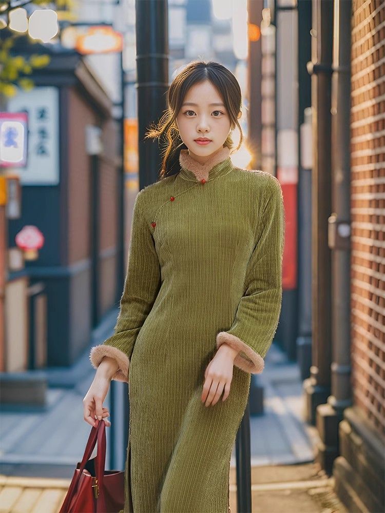 新中式旗袍加厚連衣裙長袖復古國風少女年輕款改良女冬季新款2023
