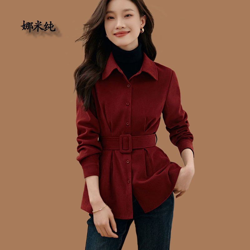 燈芯絨翻領氣質收腰襯衫女士秋冬新款時尚洋氣設計感小眾長袖上衣