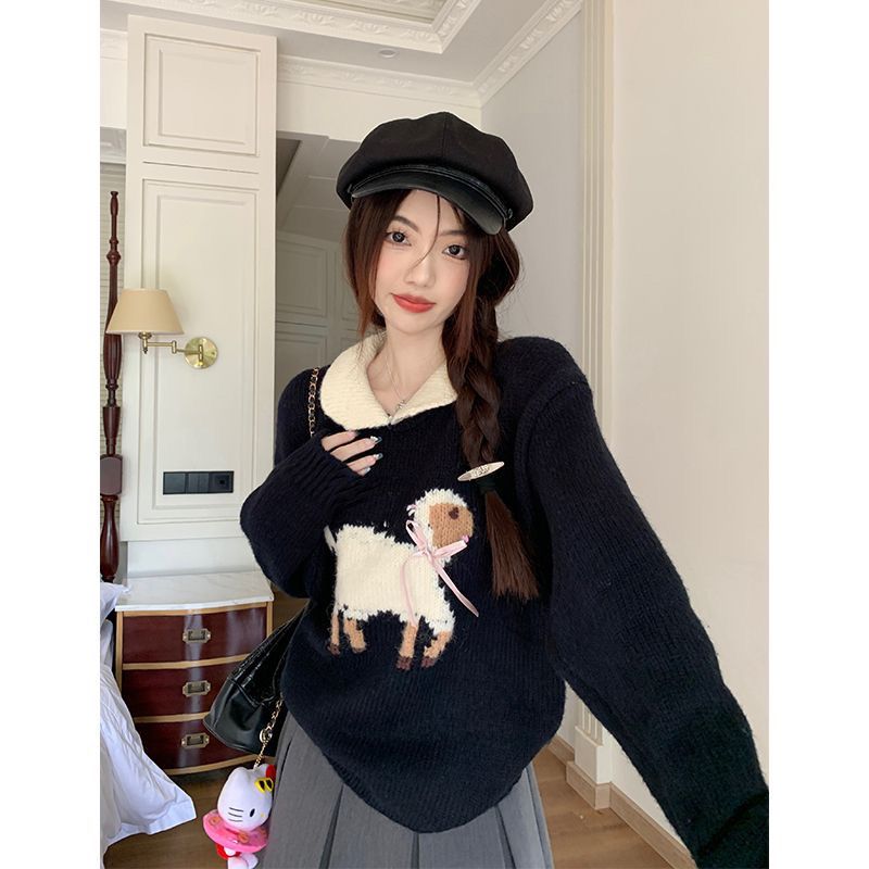 娃娃領長袖毛衣女裝秋季2023新款法式小眾設計感減齡可愛針織上衣