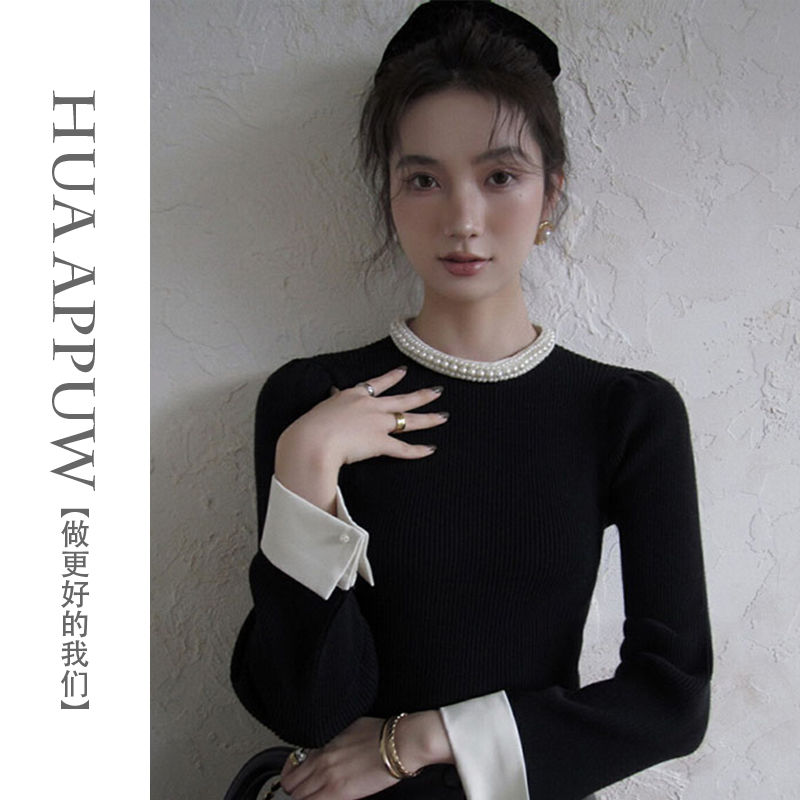 畫朴法式珍珠領撞色針織衫女裝2023秋冬季新款赫本風高級感毛衣潮