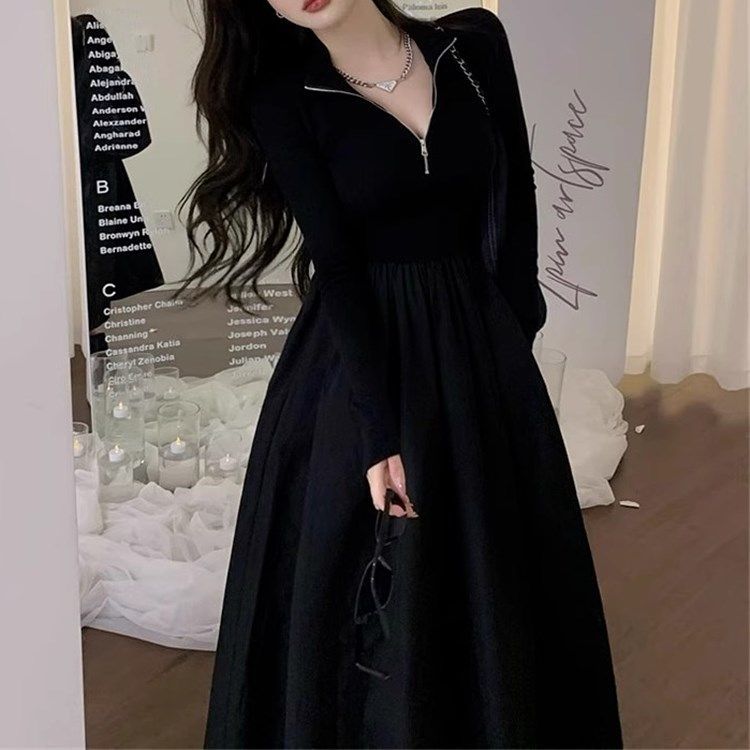 Plus size Hepburn style black slim long-sleeved dress for women spring and autumn new slim waist half-high collar long skirt