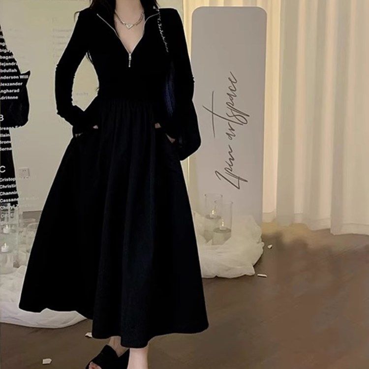 Plus size Hepburn style black slim long-sleeved dress for women spring and autumn new slim waist half-high collar long skirt