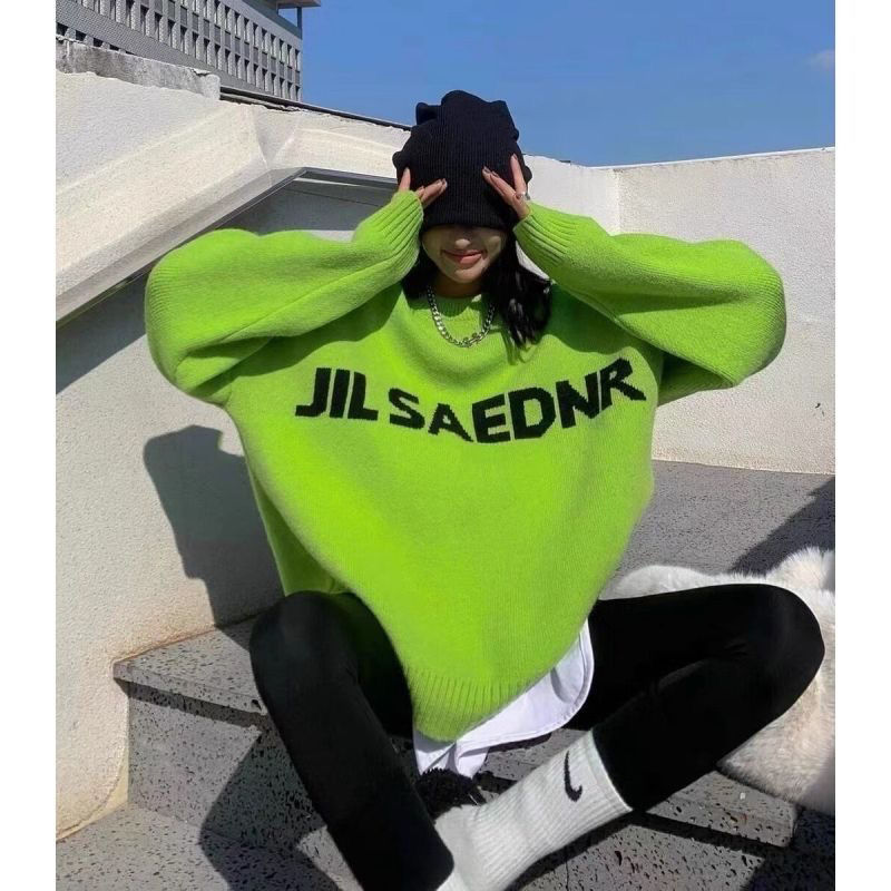 加厚款!牛油果綠易夢玲同款上衣毛衣字母印花寬鬆慵懶針織衫冬女