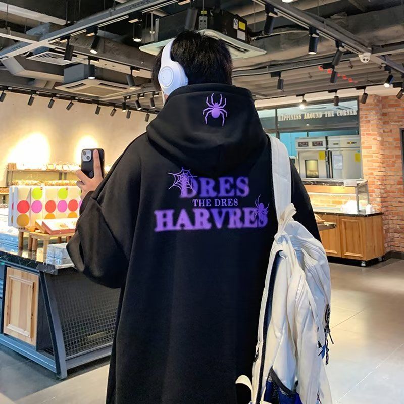 重磅國潮連帽衛衣男秋冬季痞帥蜘蛛網印花情侶同款寬鬆加厚上衣