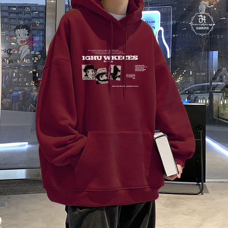 American high street heavyweight trendy brand hooded sweatshirt for men in spring and autumn ins design wine letter red top jacket