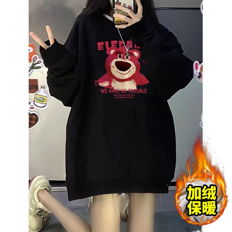 黑色加絨圓領衛衣女春秋款百搭oversize小個子美式復古印花上衣潮