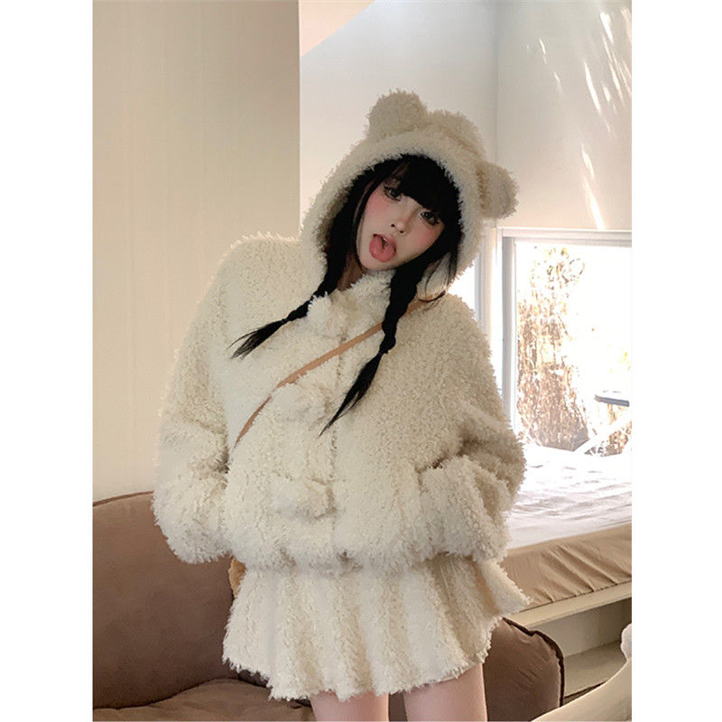溺水三魚奶fufu毛絨套裝裙女秋冬小個子穿搭絕美奶系可愛小熊外套