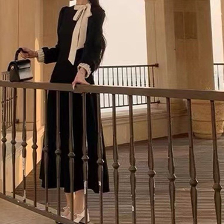頂樓千金法式名媛浪漫長裙禮服小香風黑色長袖顯瘦大碼連衣裙女