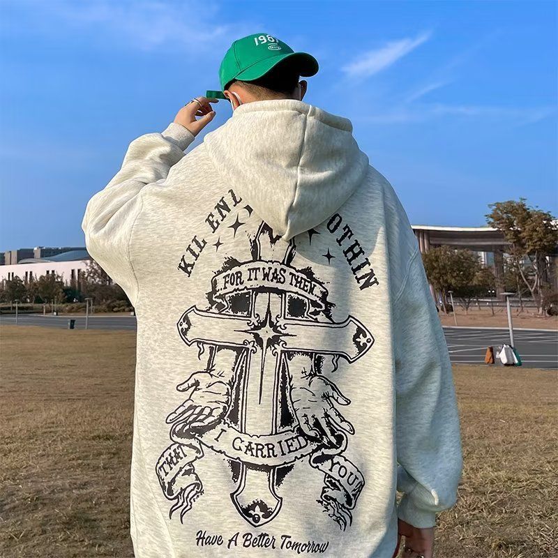 美式高街復古連帽衛衣男秋冬款潮牌青少年高級感歐美街頭外套百搭