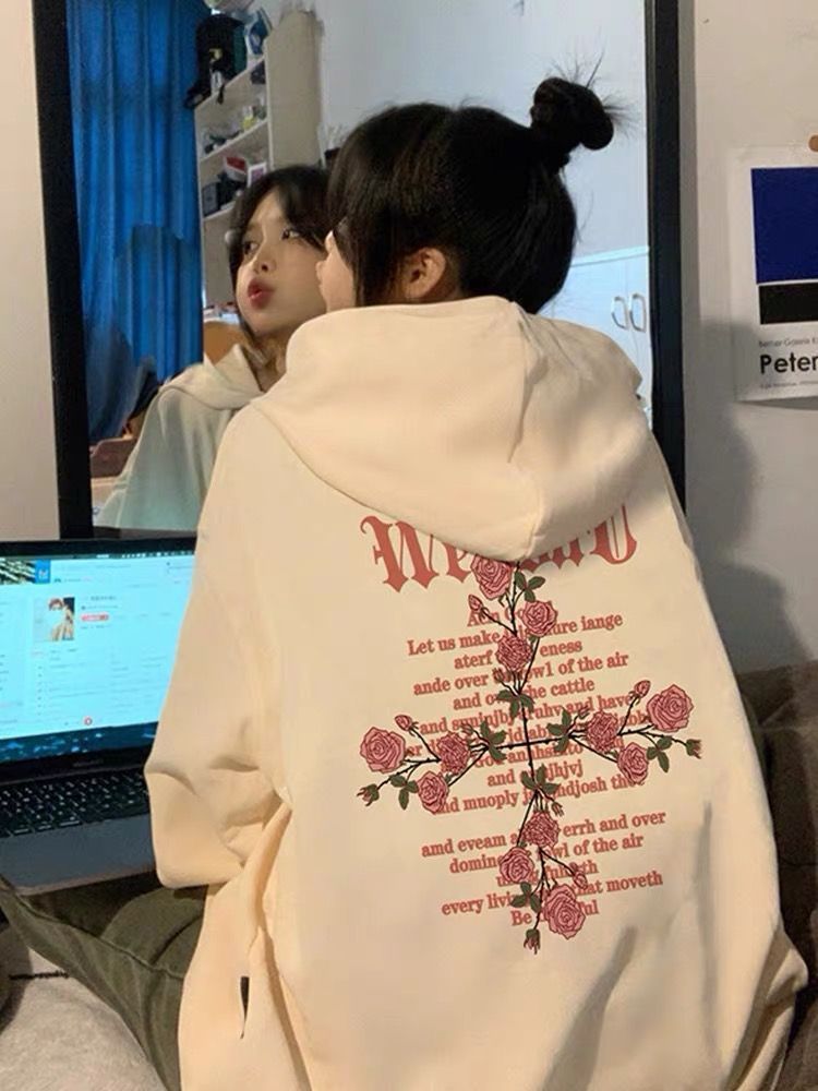 American retro oversize trendy brand hooded sweatshirt for women spring and autumn high-end heavy letter top casual jacket