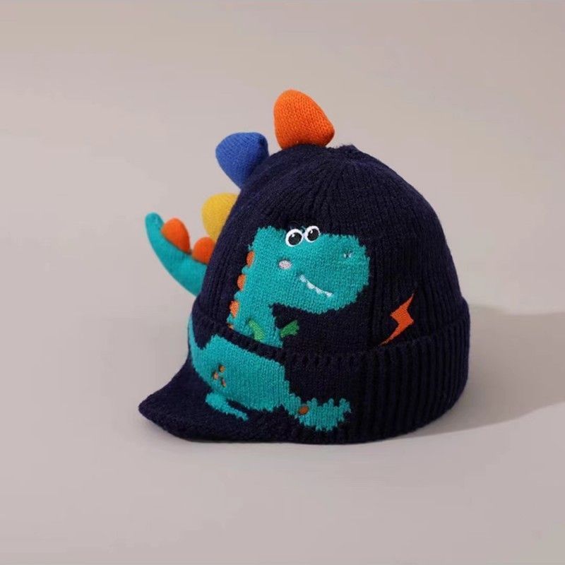 Little dinosaur cartoon windproof winter ear hat for boys and girls, autumn and winter new children's knitted thermal hat_voghion.com