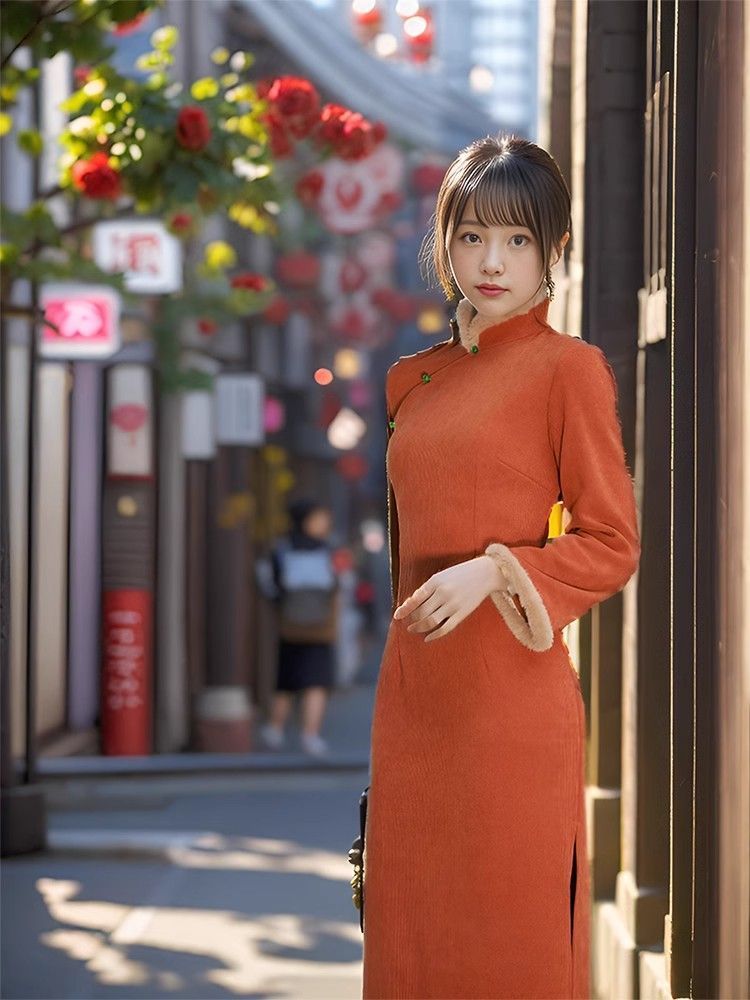 新中式旗袍連衣裙加絨加厚復古長袖少女年輕款改良女秋冬新款2023