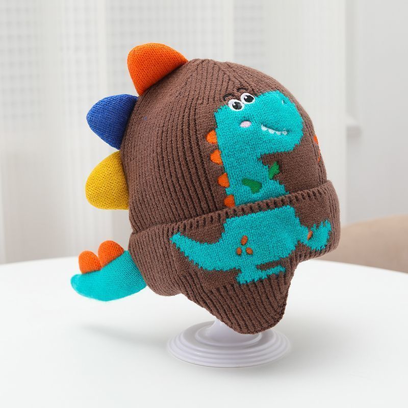 Little dinosaur cartoon windproof winter ear hat for boys and girls, autumn and winter new children's knitted thermal hat_voghion.com