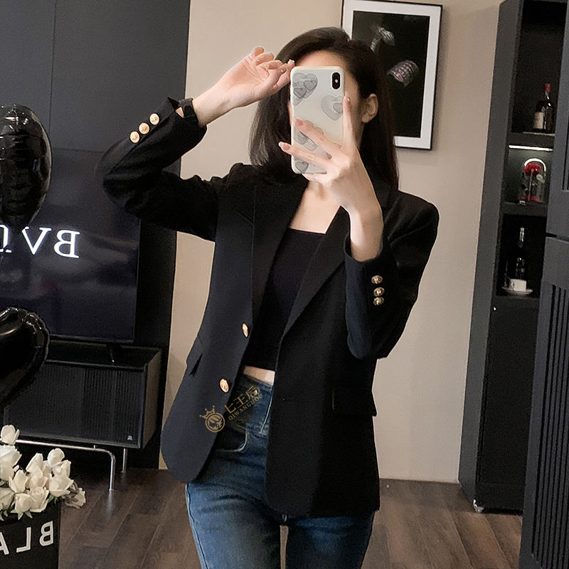 Black suit jacket for small women 2024 Korean style slim-fitting and high-end street-cut waist slimming suit top