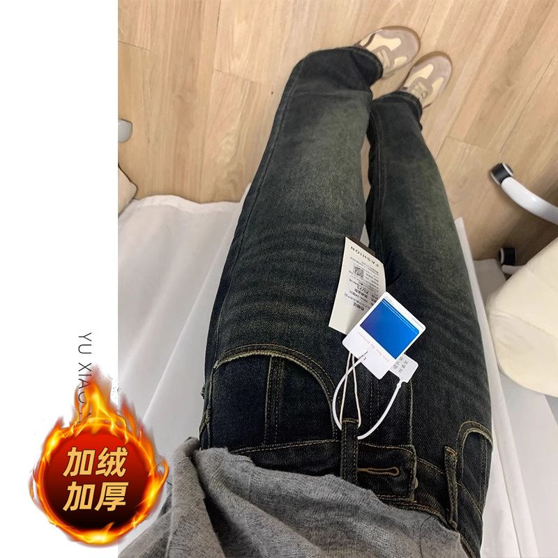 加絨加厚2023年秋冬胖mm直筒闊腿褲水洗高腰寬鬆大碼梨形身材顯瘦