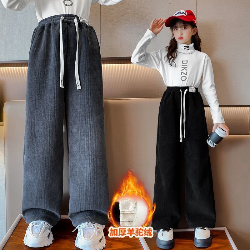 女童加絨褲子秋冬外穿2023新款大童一體絨加厚直筒冬天兒童闊腿褲