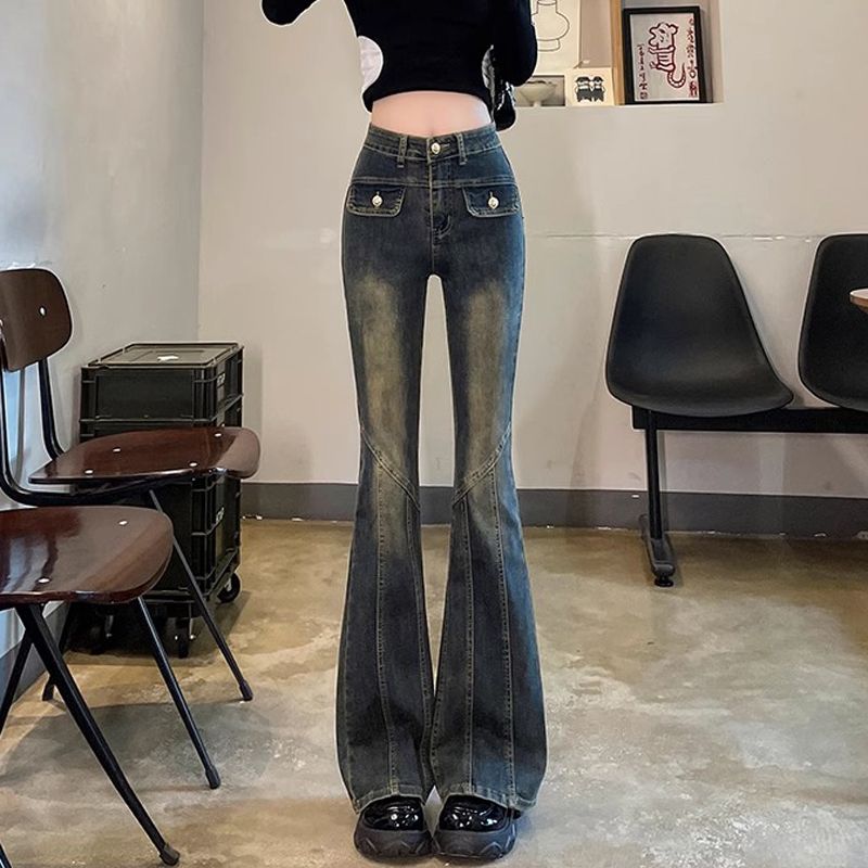 復古做舊高腰牛仔褲女彈力修身顯瘦小個子闊腿喇叭褲子馬蹄長褲潮