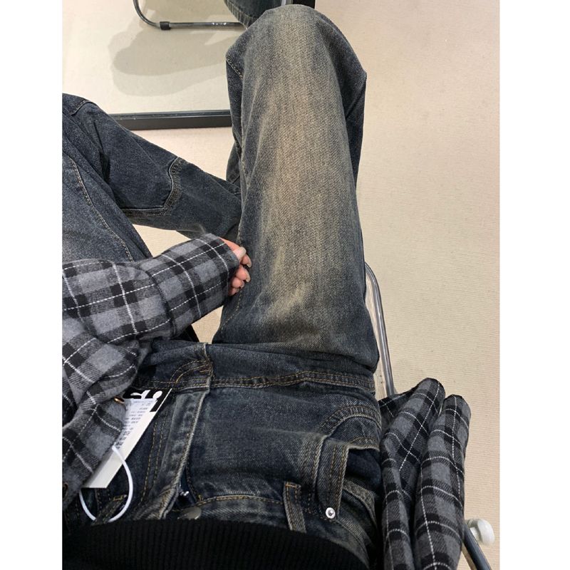 小個子美式復古牛仔褲女直筒高腰設計顯瘦寬鬆闊腿拖地褲子ins潮