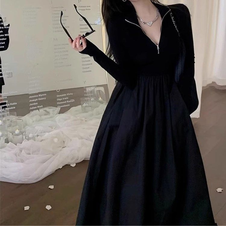 Plus size Hepburn style black slim long-sleeved dress for women spring and autumn new slim waist half-high collar long skirt