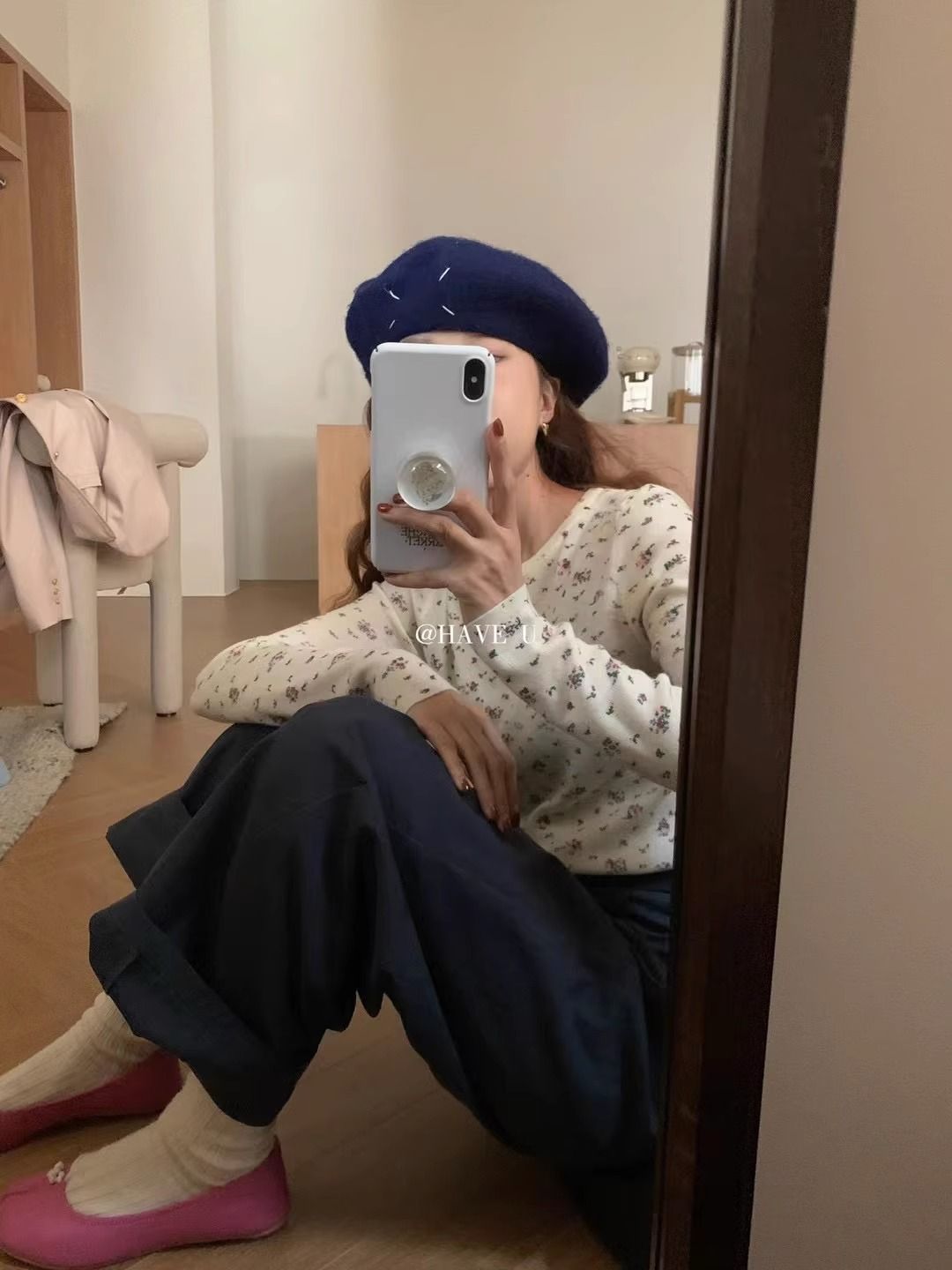 軟糯碎花圓領T恤打底衫女冬季小眾修身顯瘦休閒氣質內搭長袖上衣