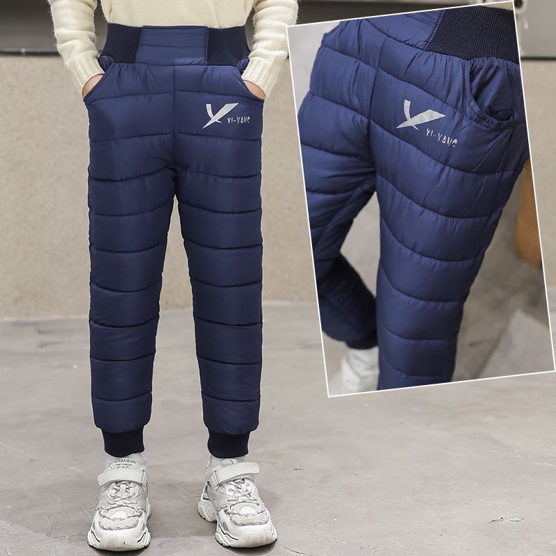 Velvet and thickened high-waisted trousers for middle and large children, boys and girls, off-season children's down cotton trousers to keep warm in winter.