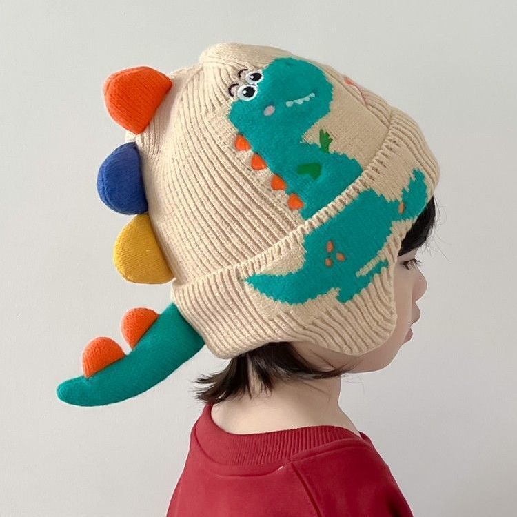 Little dinosaur cartoon windproof winter ear hat for boys and girls, autumn and winter new children's knitted thermal hat_voghion.com