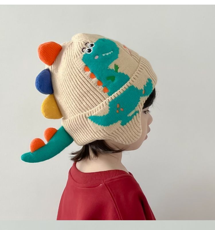 Little dinosaur cartoon windproof winter ear hat for boys and girls, autumn and winter new children's knitted thermal hat_voghion.com