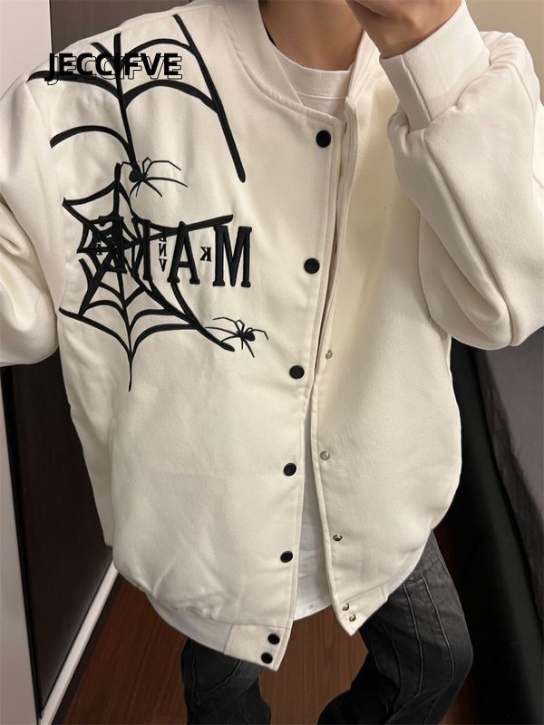 JECCIFIVE美式蜘蛛網刺繡夾克棒球服秋冬夾棉男女寬鬆潮流ins上衣