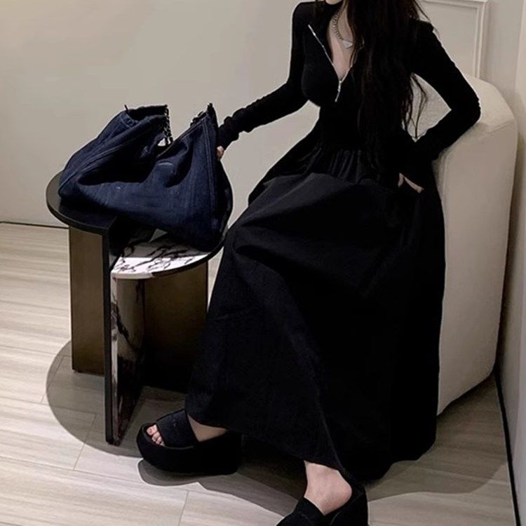 Plus size Hepburn style black slim long-sleeved dress for women spring and autumn new slim waist half-high collar long skirt