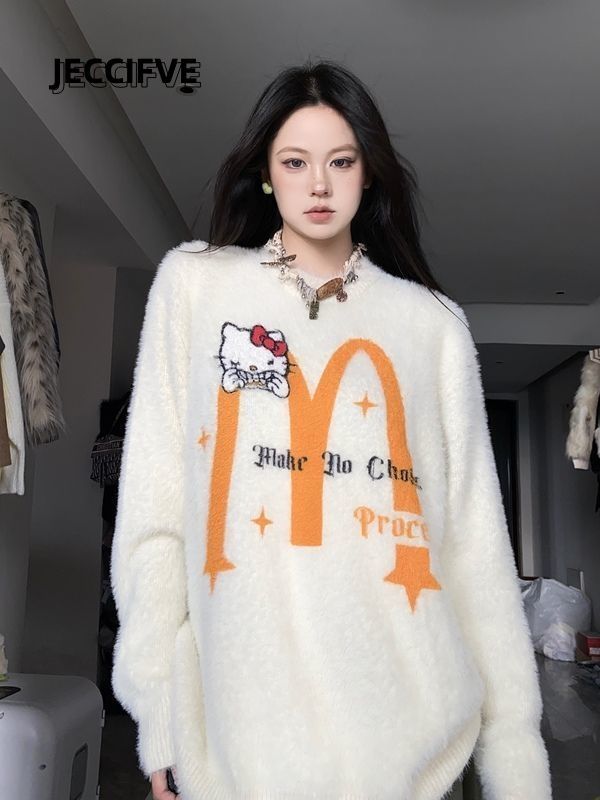 JECCIFIVE秋冬新款美式KT貓仿水貂絨高街甜酷毛衣男女針織衫上衣