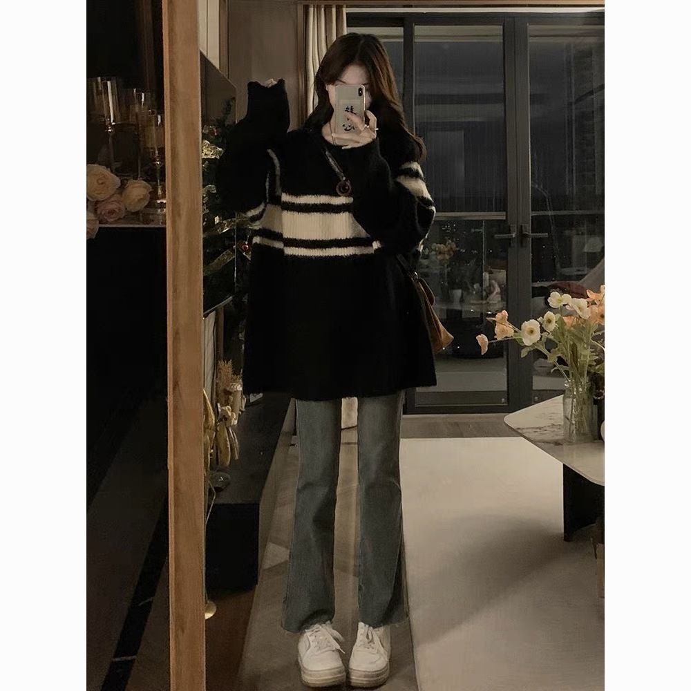 黑色條紋撞色毛衣外套女秋冬季2023新款設計感小眾寬鬆軟糯針織衫