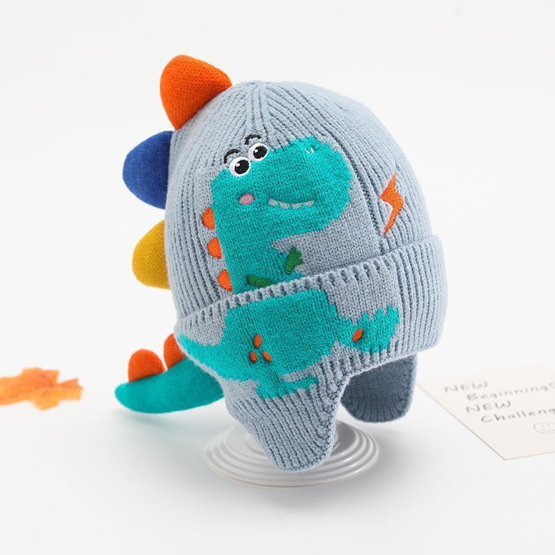 Little dinosaur cartoon windproof winter ear hat for boys and girls, autumn and winter new children's knitted thermal hat_voghion.com