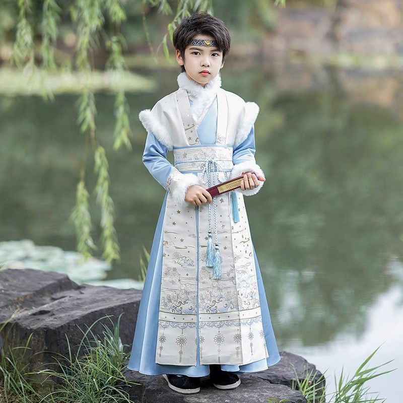 男童漢服拜年服2023新款冬款兒童古裝男孩唐裝加厚新年國風過年服