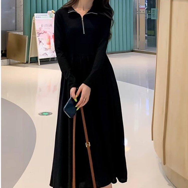 大碼修身長袖百搭氣質連衣裙女秋裝新款胖mmV領顯瘦收腰中長裙子