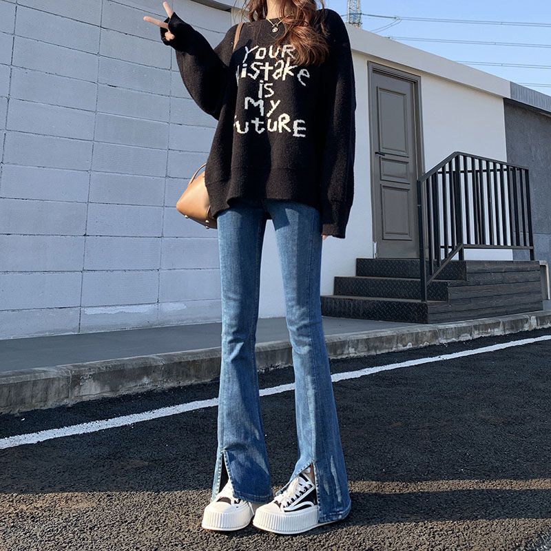 復古藍色微喇牛仔褲女裝設計感開叉高腰修身顯瘦爆款開叉喇叭褲