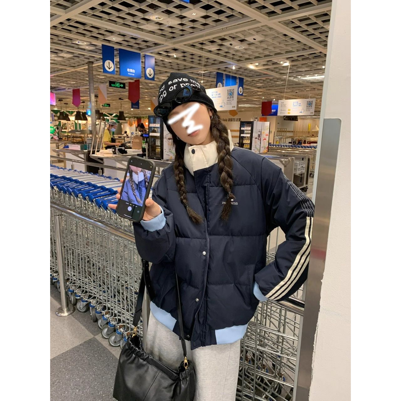 國潮牌立領加厚棉服女冬季2023情侶美式寬鬆運動槓條條紋撞色棉服