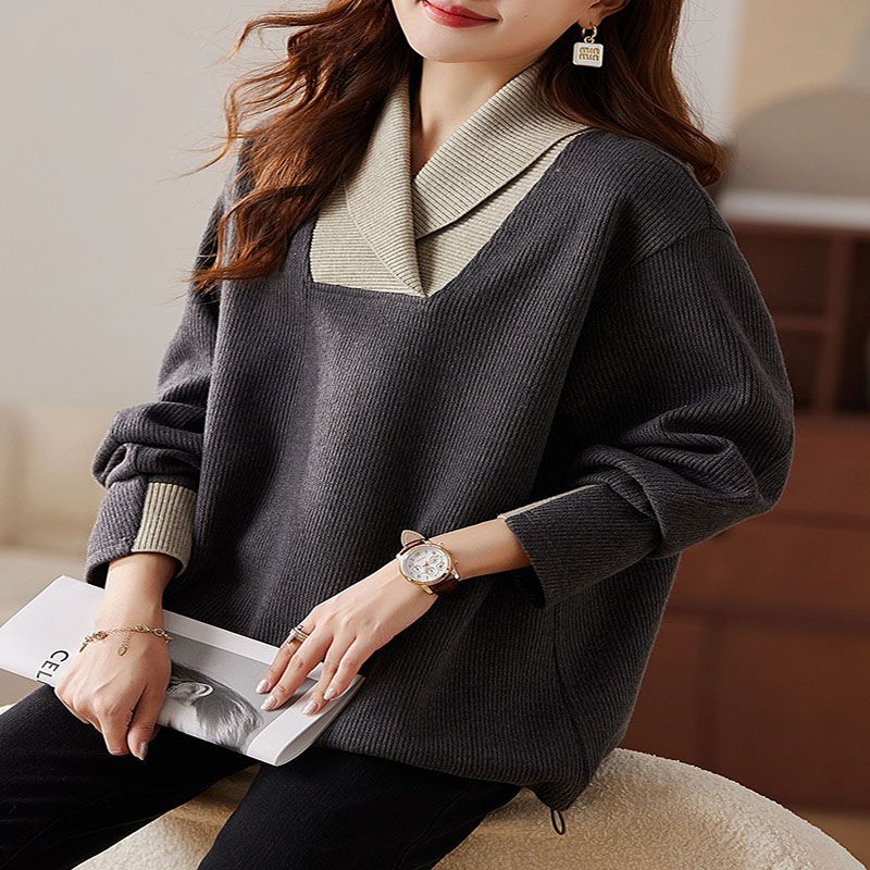 設計感時尚拼接衛衣女秋冬2023新款加厚假兩件寬鬆洋氣顯瘦上衣潮