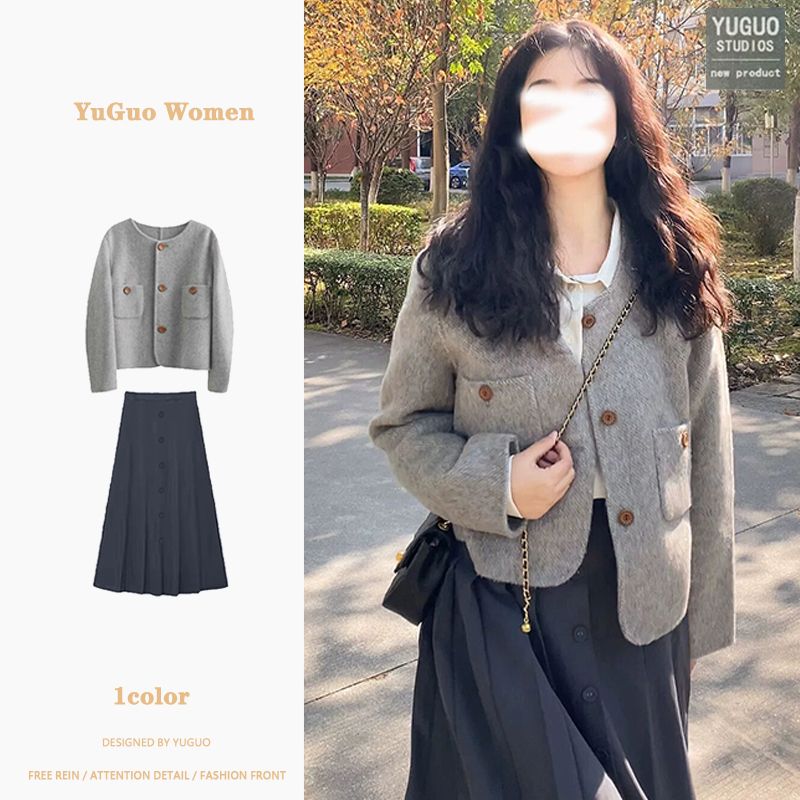 高級感灰色毛呢大衣短款呢子外套女秋冬韓劇小香風兩件套裝小個子